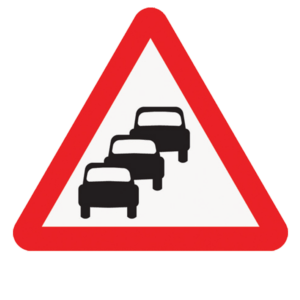 Traffic Queues Likely on Road Ahead Warning Sign – Diagram 584 showing three cars lined up in red-bordered triangle
