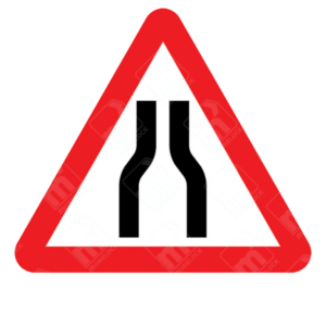 Road Narrows on Both Sides Ahead Warning Sign – Diagram 516 showing a narrowing carriageway symbol used to alert drivers of reduced road width.