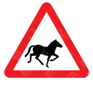 Wild Horses or Ponies Likely to Be in Road Ahead Warning Sign – Diagram 550 showing galloping horse silhouette in red triangle used for animal hazard warning