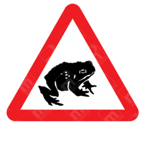 Migratory Toad Crossing Sign – Diagram 551.1 showing black amphibian symbol inside red triangle for temporary UK wildlife road protection