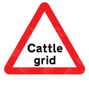 Cattle Grid Ahead Warning Sign – Diagram 552 showing bold black text within red triangle, warning drivers of livestock barrier on rural roads
