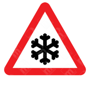 Risk of Ice or Packed Snow Sign - Diagram 554.2 with black snowflake symbol inside red triangle for winter road hazard warning