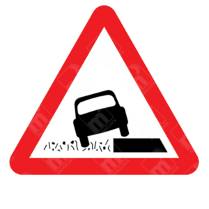 Soft Verges Ahead Warning Sign – Diagram 556.1 showing car driving into unstable ground beside the road