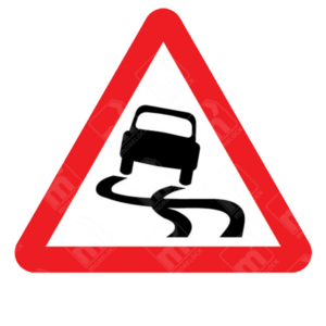 Slippery Road Ahead Sign - Diagram 557 showing skidding car symbol in red triangle for UK road hazard alerts