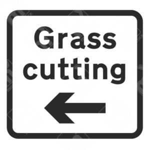 Grass Cutting Left Supplementary Plate – Diagram 7001.1A is a temporary UK traffic sign alerting drivers to roadside grass cutting operations on the left.