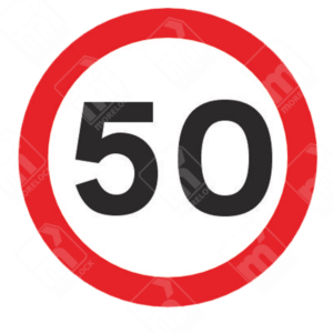 50 MPH Speed Limit Sign - Diagram 670-D with red circle and bold black “50” for regulatory speed enforcement in the UK