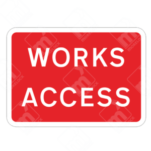 Works Access Sign (Diagram 7301 - High Speed) – Temporary UK traffic sign indicating designated entry points for authorized works vehicles in high-speed zones.