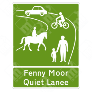 Fenny Moor Quiet Lane Sign (Diagram 884) – Permanent UK traffic sign indicating the start of a shared road for pedestrians, cyclists, horse riders, and motorists.
