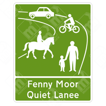 Fenny Moor Quiet Lane Sign (Diagram 884) – Permanent UK traffic sign indicating the start of a shared road for pedestrians, cyclists, horse riders, and motorists.