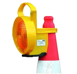 Nissen Sequential Lamp – UK LED road safety warning light mounted on a traffic cone for temporary traffic management.