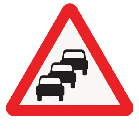 Traffic Queues Likely on Road Ahead Warning Sign – Diagram 584 showing three cars lined up in red-bordered triangle
