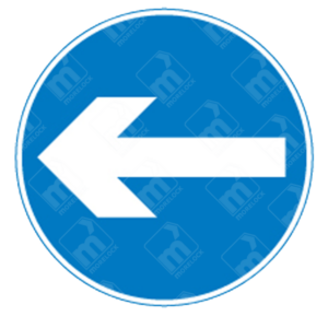 Turn Left Sign – Diagram 606A showing white left-pointing arrow inside blue circle
