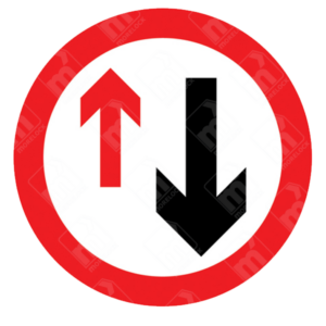 Give Way to Oncoming Traffic Sign – Diagram 615 showing black and red arrows within a red-bordered circle