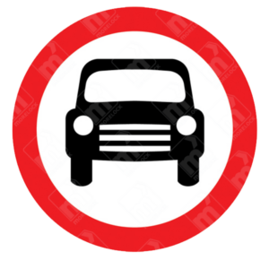 No Motor Vehicles Except Solo Motorcycles Sign – Diagram 619.1 showing black car icon inside red-bordered circle