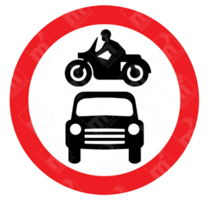 Motor Vehicles Prohibited Sign – Diagram 619 showing motorcycle above car in red-bordered circle