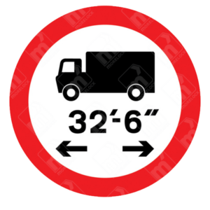 Vehicle Length Restriction Sign – Diagram 629.1A showing lorry with 32'6" and directional arrows inside red circle