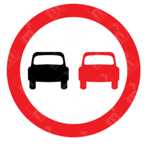 No Overtaking Sign – Diagram 632 featuring black and red car icons inside a red-bordered circle