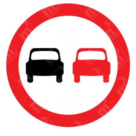 No Overtaking Sign – Diagram 632 featuring black and red car icons inside a red-bordered circle