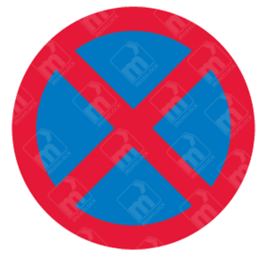 No Stopping on Main Carriage Way Sign – Diagram 642 showing red cross over blue circle