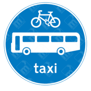Route for Use by Buses & Pedal Cycles and Taxis Only Sign – Diagram 953A showing icons for bus, cycle, and the word "taxi"