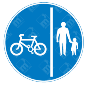Separated Pedestrian and Pedal Cycle Routes Sign – Diagram 957B showing cyclist and pedestrian symbols with vertical dividing line