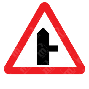 Side Road Ahead (Right) Sign (Diagram 506.1) – UK warning sign alerting drivers to a side road joining the main road from the right, requiring caution.
