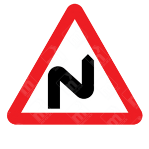 Double Bend Ahead Warning Sign – Diagram 513B showing a right-hand bend followed by a left-hand bend, used to warn drivers of consecutive curves ahead.