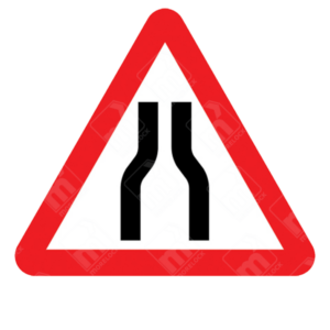 Road Narrows on Both Sides Ahead Warning Sign – Diagram 516 showing a narrowing carriageway symbol used to alert drivers of reduced road width.