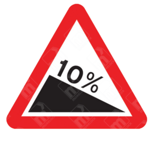 Steep Hill Downwards Ahead Warning Sign – Diagram 523.1 showing downhill slope and gradient percentage