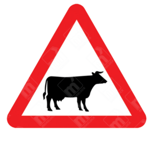Cattle in Road Warning Sign – Diagram 548 featuring black cow silhouette inside a red triangle