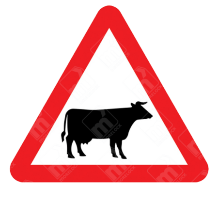 Cattle in Road Warning Sign – Diagram 548 featuring black cow silhouette inside a red triangle