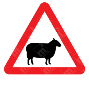 Sheep Likely to Be in Road Ahead Warning Sign – Diagram 549 showing black sheep silhouette inside red triangle to warn of livestock hazard in rural areas