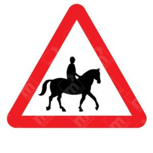 Accompanied Horses or Ponies Likely to Be in Road Ahead Warning Sign – Diagram 550.1 showing horse and rider silhouette in red triangle for equestrian warning