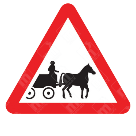 Horse-Drawn Vehicles Likely to Be in Road Ahead Warning Sign – Diagram 550.2 displaying silhouette of a horse and cart inside red triangle to alert drivers to traditional or slow-moving vehicles ahead