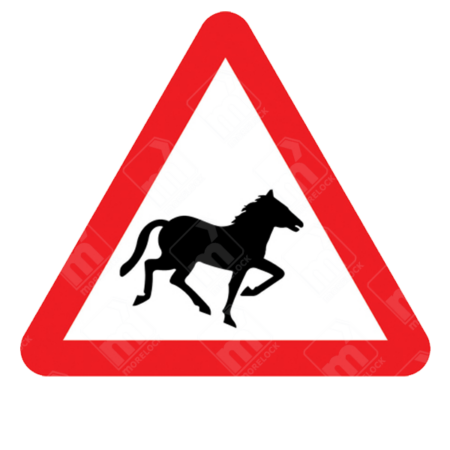Wild Horses or Ponies Likely to Be in Road Ahead Warning Sign – Diagram 550 showing galloping horse silhouette in red triangle used for animal hazard warning