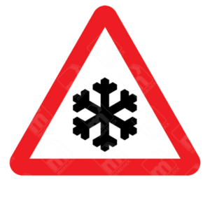 Risk of Ice or Packed Snow Sign - Diagram 554.2 with black snowflake symbol inside red triangle for winter road hazard warning
