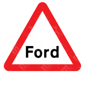 Ford Warning Sign – Diagram 554 displaying black “Ford” text in red triangle to indicate water crossing on rural road