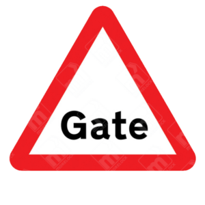 Gate Warning Sign (Diagram 554G) – UK warning sign alerting drivers of a gate obstructing the road ahead, requiring caution and possible stopping.