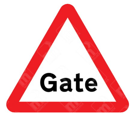 Gate Warning Sign (Diagram 554G) – UK warning sign alerting drivers of a gate obstructing the road ahead, requiring caution and possible stopping.