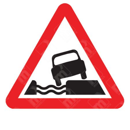 Water Course Alongside Road Ahead Warning Sign – Diagram 555.1A showing vehicle near water edge in triangular warning format