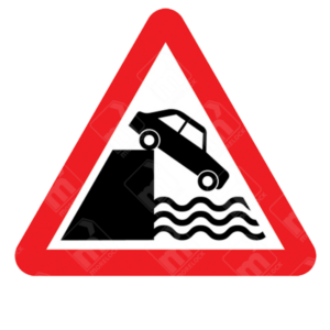 Quayside or Riverbank Ahead Warning Sign – Diagram 555 showing car silhouette falling into water inside red triangle to warn of sudden waterfront drop