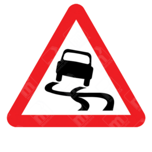 Slippery Road Ahead Sign - Diagram 557 showing skidding car symbol in red triangle for UK road hazard alerts