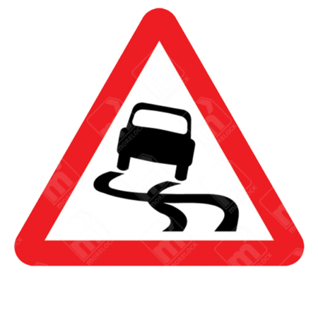 Slippery Road Ahead Sign - Diagram 557 showing skidding car symbol in red triangle for UK road hazard alerts