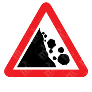 Risk of Falling or Fallen Rocks Sign (Diagram 559) – UK warning sign indicating potential rockfall hazards on the road ahead.