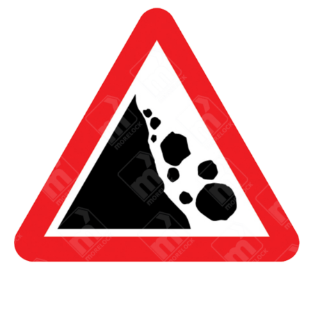 Risk of Falling or Fallen Rocks Sign (Diagram 559) – UK warning sign indicating potential rockfall hazards on the road ahead.