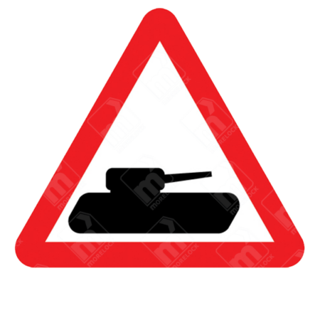 Slow-Moving Military Vehicles Likely to Be Crossing or in Road Ahead Warning Sign – Diagram 582– Diagram 582 showing black tank icon in red-bordered triangle