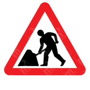 Road Works Sign - Diagram 7001 showing worker with shovel inside red triangle for UK road maintenance zones