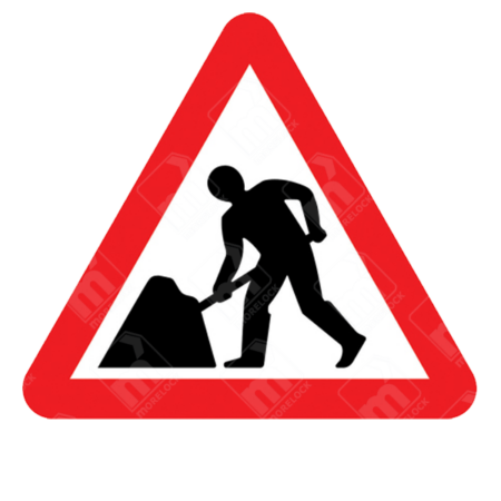 Road Works Sign - Diagram 7001 showing worker with shovel inside red triangle for UK road maintenance zones