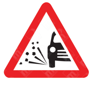 Loose Chippings Sign - Diagram 7009 showing car with debris icon in triangle, for temporary surface warning in roadwork zones