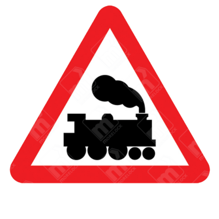 Railway Level Crossing Without Gate or Barrier Ahead Warning Sign – Diagram 771 featuring a black steam train inside a red triangle